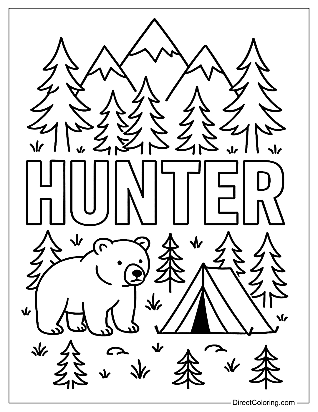 Hunter name coloring page is written in large capital letters, surrounded by images of wild animals such as bears, forests, tents and mountains